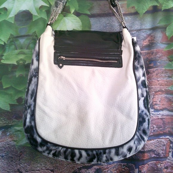 Faux Pebbled Leather Flap Over Beaded Rhinestones Large Purse - Picture 3 of 5